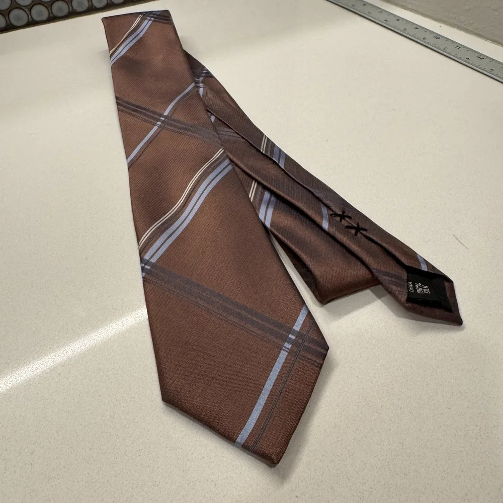 Vintage Kenneth Cole Tie Brown Plaid 100% Silk‎ Neck Tie Old Money Preppy Casual